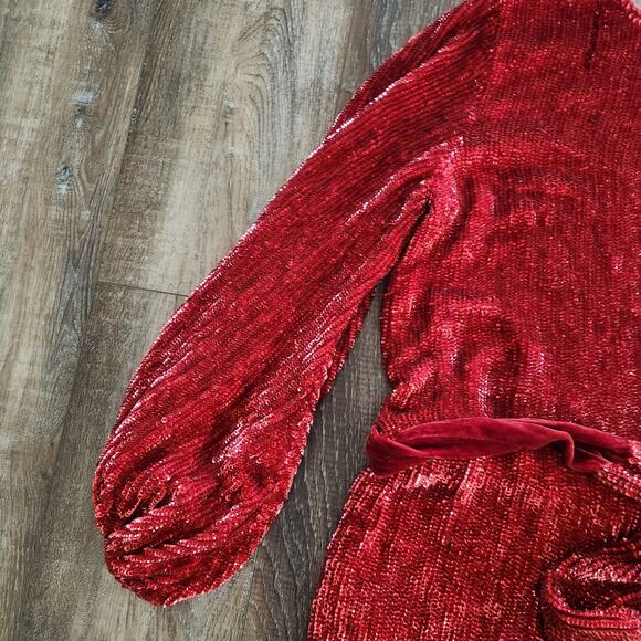 Retrofete Grace Mini Sequin Dress in Red Size Small Belt Long Sleeve - Picture 5 of 14
